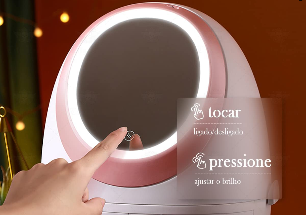 Organizador porta maquiagem removível com gavetas espelho led Rosa