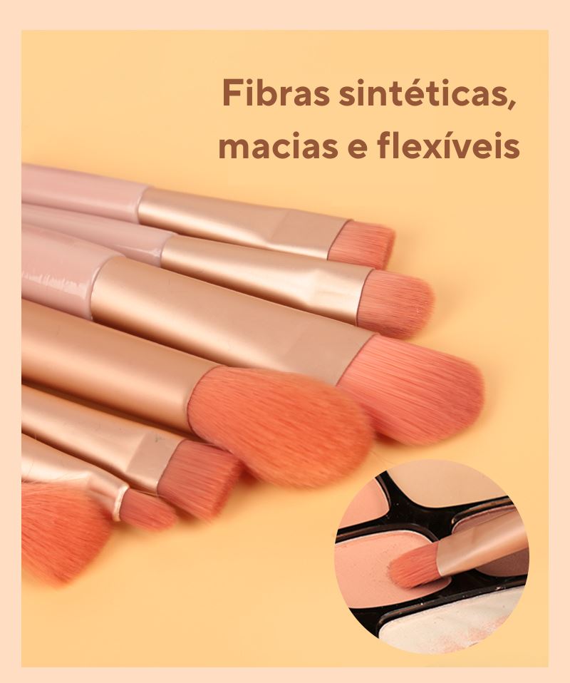 Kit com 8 Pincéis Para Maquiagem + Estojo em Couro